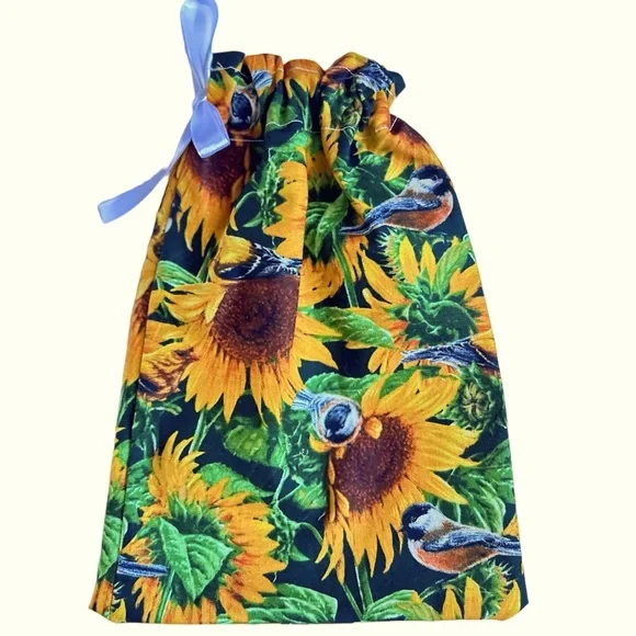 Hand Crafted Sunflower Reusable Fabric Gift Bag Drawstring Ribbon Eco Friendly - Picture 6 of 6